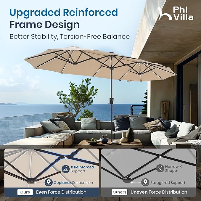 PHI VILLA 13ft Patio Umbrella with Solar-Powered 120 PCS LED Color-Changing Lights, Triple-Head Large Rectangle Umbrella Outdoor Patio for Table with Crank Lift,Beige(No Base)