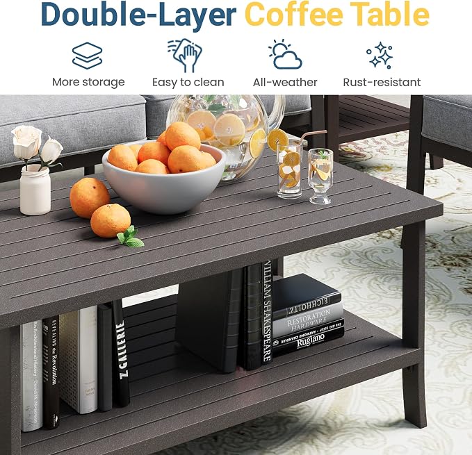 RoyalCraft Outdoor Patio Furniture Set, 5 Seats Outdoor Patio Set with 4" Thick Cushion, All-Weather Metal Patio Sofa with Coffee Table, Outdoor Sectional Furniture for Porch Backyard, Khaki&Grey