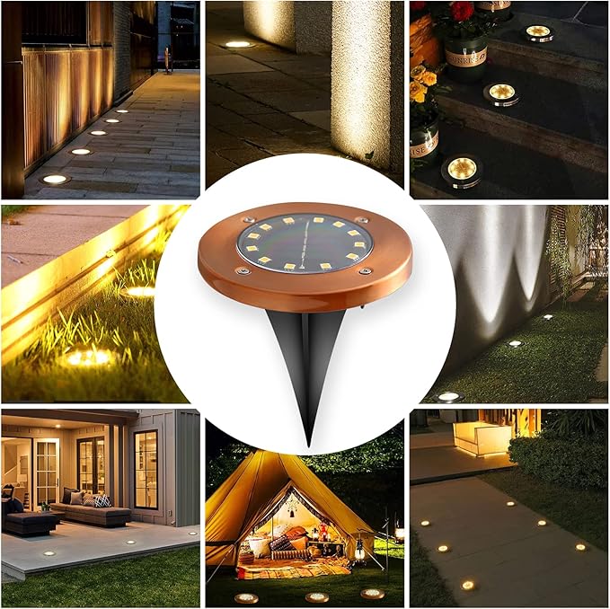 HOFLYW Outdoor In-Ground Lights Solar Disc Lights Outdoor Solar Garden Lights In Ground Solar Landscape Light 8 Pack 12 led for Pathway Yard Patio Walkway(Bronze, 8 Pack)