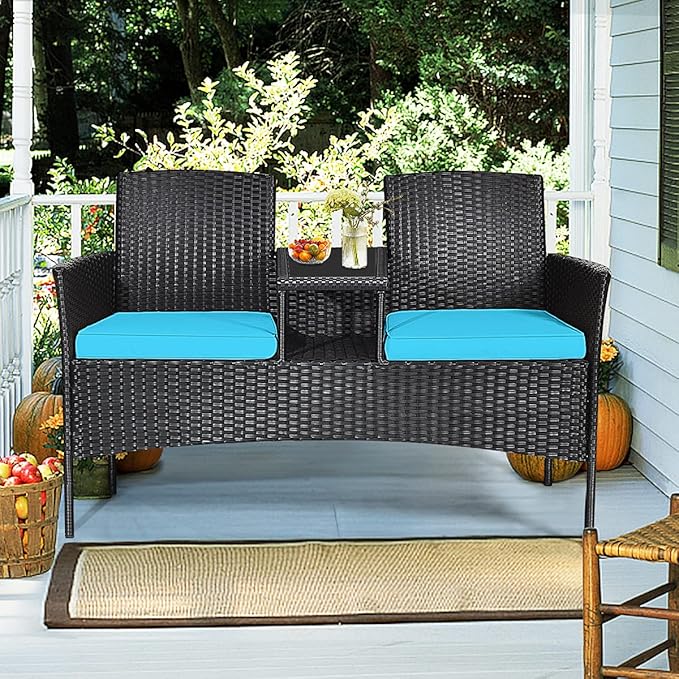 DORTALA Outdoor Patio Loveseat, Wicker Conversation Set with Cushions and Built-in Coffee Table, 2 Person Rattan Seating for Garden Lawn Backyard, Black+Turquoise
