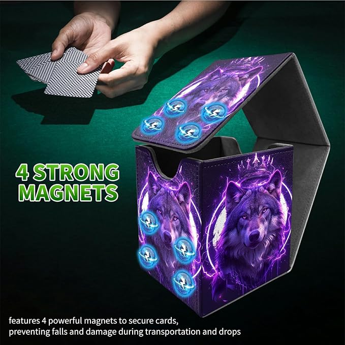Cool Wolf Purple Card Deck Box for MTG, Personalized Card Storage Case Fits 120+ Sleeved Cards, Premium Leather TCG Box with Strong Magnetic Closure for Magic, CCG, PTCG, Baseball Cards