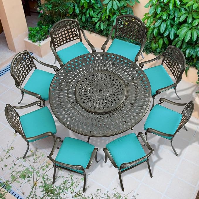 VIVIJASON 9-Piece Outdoor Furniture Dining Set, Rust-Free Cast Aluminum Patio Conversation Set, Include 8 Cushioned Chairs & 61" Round Dining Table with 31" Lazy Susan, Umbrella Hole, Ocean Blue