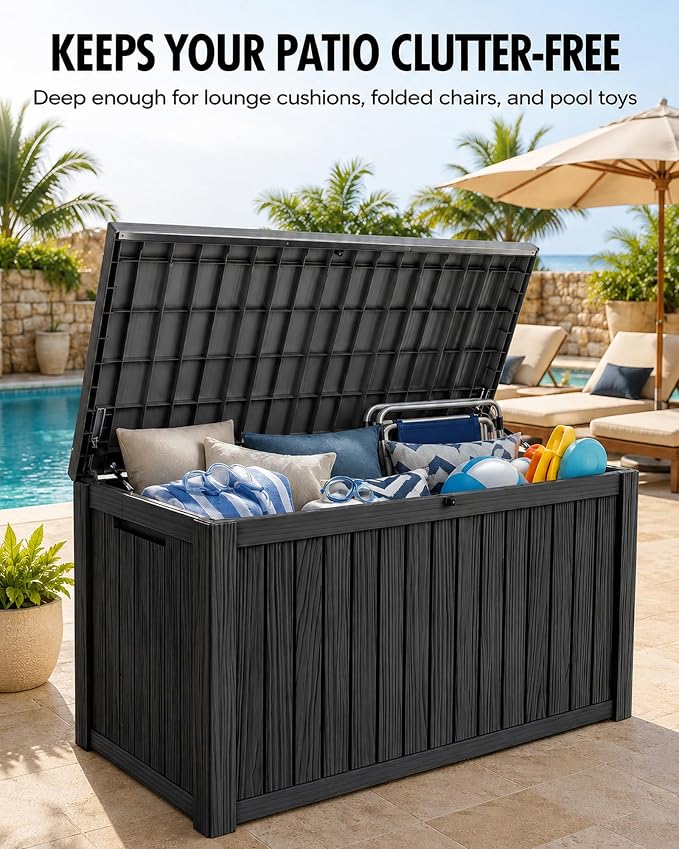 MAKINO 205 Gallon Large Waterproof Deck Box, Heavy Duty Resin Outdoor Storage Box, Outdoor Storage Bench with Hydraulic Rod for Patio Furniture/Cushions/Garden Tools/Backyard/Pool Accessories, Black