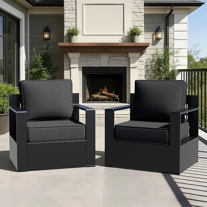 Outdoor Aluminum Furniture, Patio Chairs with 6" Thick Removable Cushions, All-Weather Metal Frame, Deep Setting for Garden, Poolside and Porch