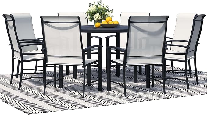 9-Piece Outdoor Dining Set for 8 – 60" Black Round Patio Table with Umbrella Hole & 8 White Outdoor Dining Chairs with Armrests, Large Poolside Furniture