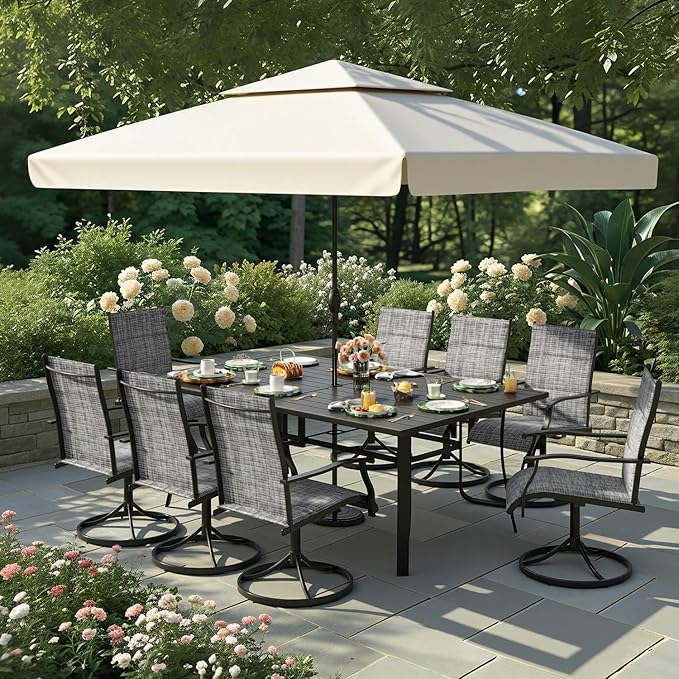 9 Pieces Patio Table and Chairs Set, 75.6" Metal Dining Table with Umbrella Hole, 8 High Back Textilene Swivel Chairs,Dining Table Set for 8, Outdoor Furniture for Porch Deck Yard Balcony, Grey