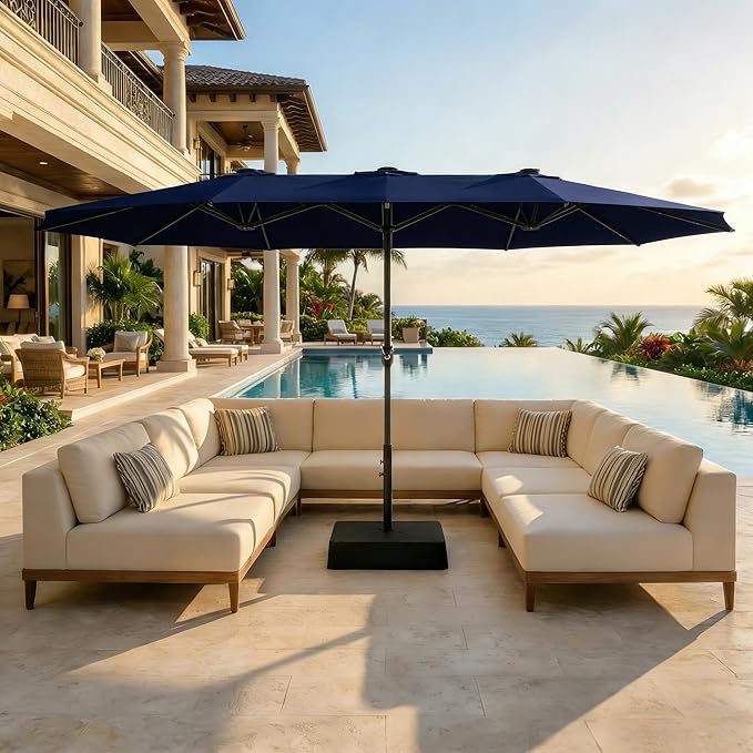 GarveeLife 15 ft Large Patio Umbrella with Lights, 36 LED Lights Double-sided Patio Umbrella with Weighted Base for Poolside Garden Backyard