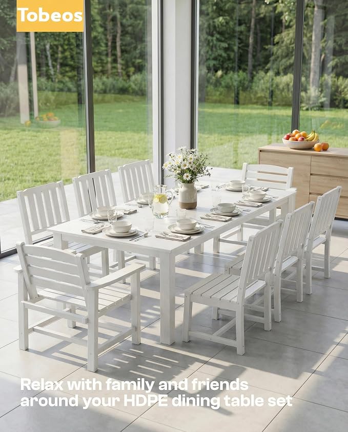 9-Pc Outdoor Dining Set, 10x10FT Cantilever Umbrella for 8,White | HDPE table, chairs included, aluminum frame, weather-resistant furniture, perfect for yard, lawn, garden, deck