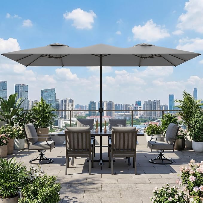 8 PCS Outdoor Patio Dining Set with 13.6ft Double-Sided Patio Umbrella,Patio Table and Chairs Metal Outdoor Patio Furniture Set,Dining Table Set with Swivel Chairs,Grey