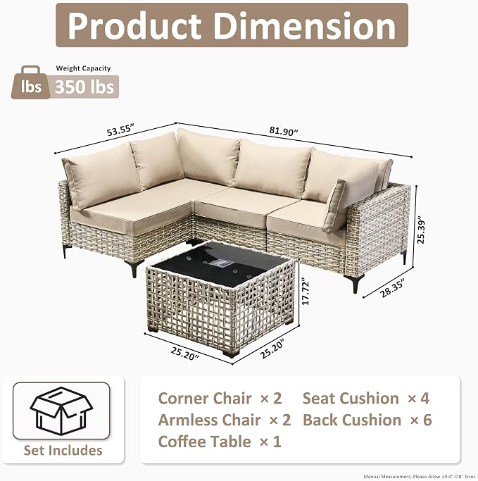 Outdoor Sectional Patio Furniture Set,5 Pieces Rattan Wicker Conversation Sets L Shaped Couch,Outside Furniture with Glowing Coffee Table,Beige