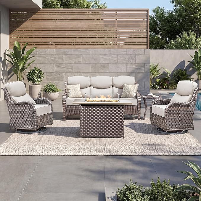 Luxury Patio Furniture Set with 6-inch Thick Cushion, Outdoor Furniture with Fire Pit Table, Swivel Chairs, Side Table, Sofa, 5pcs Wicker Conversation Set for Deck Yard and Poolside(Beige)