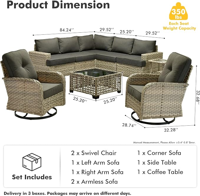HOOOWOOO Sectional Patio Furniture Set with Swivel Chairs,9 Pieces Wicker Outdoor Furniture L Shaped Couch,Outside Conversation Set with Extra Deep Seat Sofa Wide Arm Solar Light Table,Black