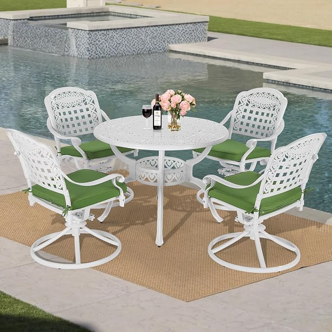 MEETWARM 5-Piece Outdoor Patio Dining Set, All-Weather Cast Aluminum Patio Conversation Set with 4 Cushions Swivel Rocker Chairs for Backyard Garden Deck and 38.5" Round Table, White