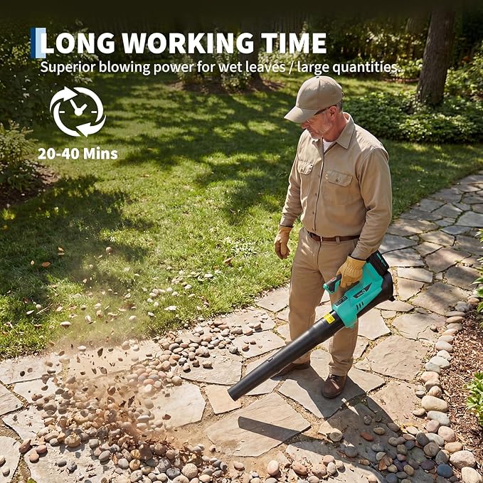 Garvee 20V String Trimmer with Wheel Cordless 12 Inch 8 Pcs Line Feed / 550 CFM Leaf Blower, Lightweight Design. 4 * 2.0 Batteries. Extra-Long Battery Life of 60-120 Minutes, 2 Fast Charger