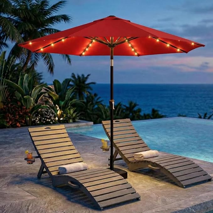 Kingdura 10FT Outdoor Patio Umbrella with Solar Lights, Market Table Umbrella with Push Button Tilt & Crank, 8 Sturdy Ribs, 32 LED Lights, UV Protection for Garden Lawn Deck Backyard Pool (Red)