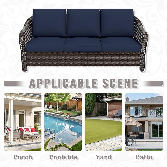 77 inch Outdoor Wicker 3 Seater Sofa, All-Weather Use Patio Rattan Sofa with Seat and Back Cushion, Ideal for Porch, Backyard, Balcony, Poolside, Blue
