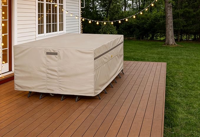 600D Heavy Duty Waterproof Patio Furniture Covers UV Resistant Rectangualr Outdoor Table and Chair Covers 111" Wx 74" D x 28" H Beige