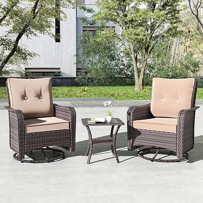 Kullavik 5 Pieces Outdoor Swivel Chairs Set,Patio Wicker Rocker Chairs with 4" Thick Cushions,Side Table and Ottomans,Patio Conversation Furniture Set for Patio Porch Deck Backyard,Sand