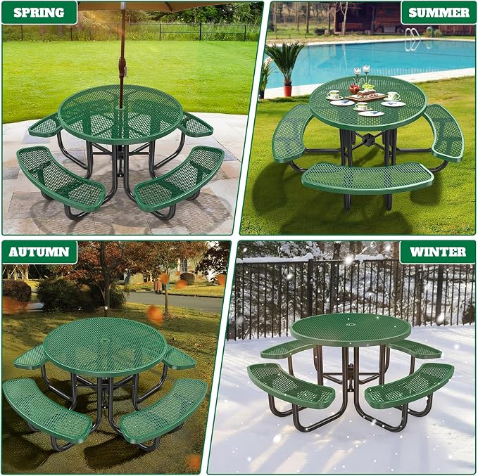 Ceridwen Heavy Duty Picnic Table with 4 Benches, Expanded Metal Steel Mesh Outdoor Patio Dining Table Bench Set with Umbrella Hole,Outdoor Patio Dining Table for Garden (Round, Green, 46FT)