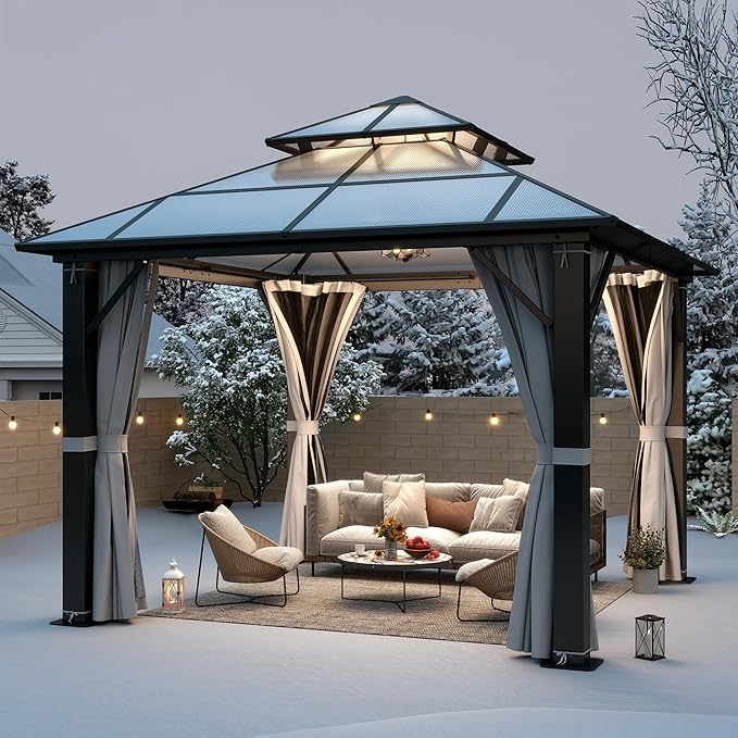 GARTOO 10x10FT Polycarbonate Hardtop Gazebo with Double Roof - Heavy-Duty Steel Frame Gazebo with Breathable Netting & Privacy Curtain for Patio, Porch, Garden, Lawn, Deck, Backyard