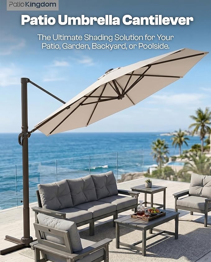 10 FT Round Cantilever Umbrella,Easy Tilt, Fade Resistant & 360° Rotation, Offset for Pool Deck Backyard Patiobeige (Base not Included)
