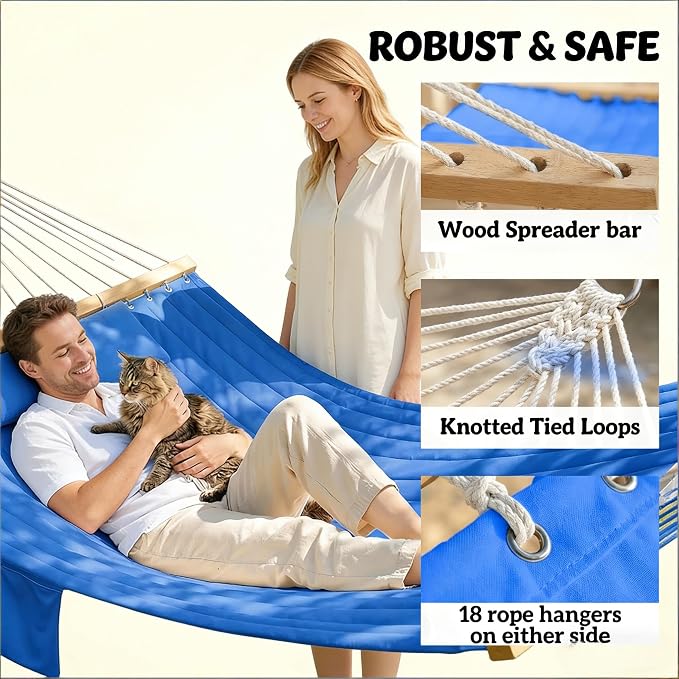 Double Hammock Outdoor Patio Garden Spreader Bars Wood | Quilted Polyester Extra Wide 2 Person Hammock Beechwood Spreader Bars Detachable Pillow Pocket and Hanging Kit Included