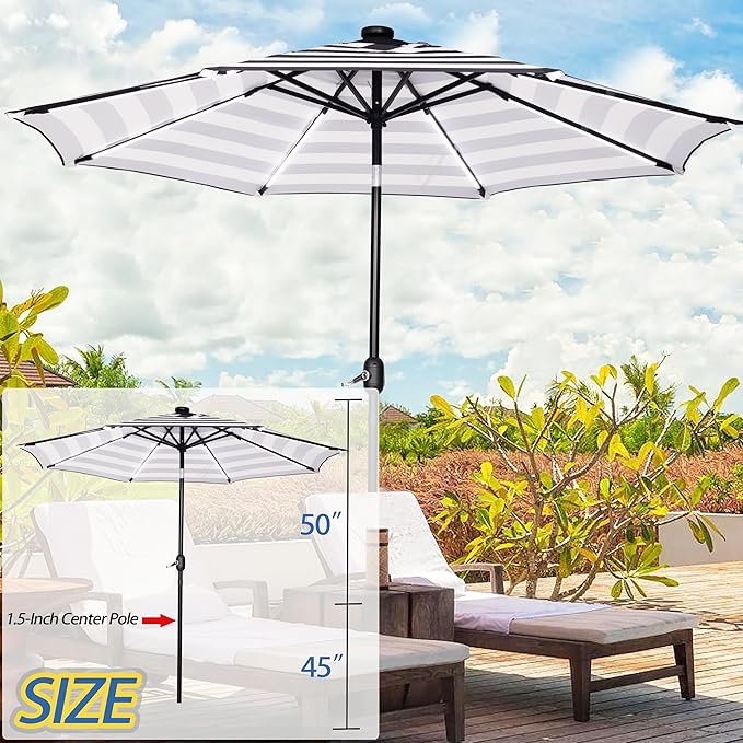 Sunnyglade 9FT Outdoor Solar LED Lighted Patio Umbrella with 8 LED Strip Lights & 8 Ribs, Convenient Crank Lift System