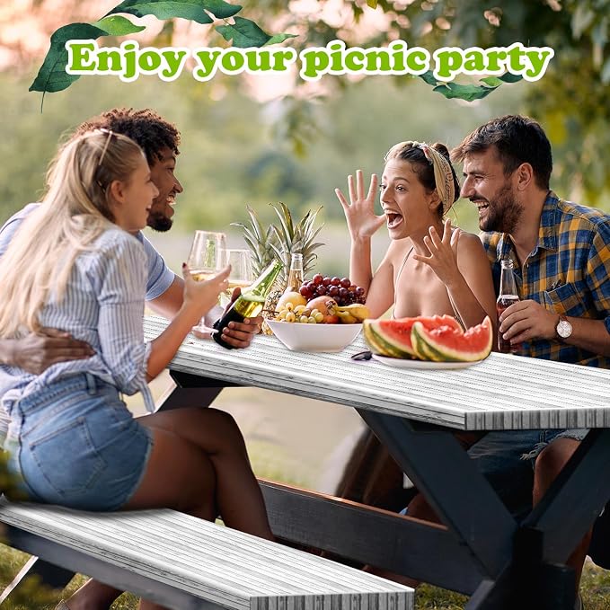 Boao 3 Pcs Vinyl Picnic Table Cover with Bench Cover 6 ft 30 x 72 Inch Waterproof Fitted Tablecloth Flannel Backing Rectangular Elastic Edged for Camping Outdoor Patio Travel(Birch)