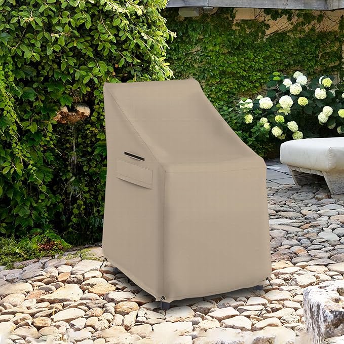 Seal Skin Covers Waterproof High-Back Chair Cover, Heavy Duty Outdoor Furniture Cover with Drawstring, Air Vent, Durable Fabric (Beige, 35" L x 28W x 35" H)