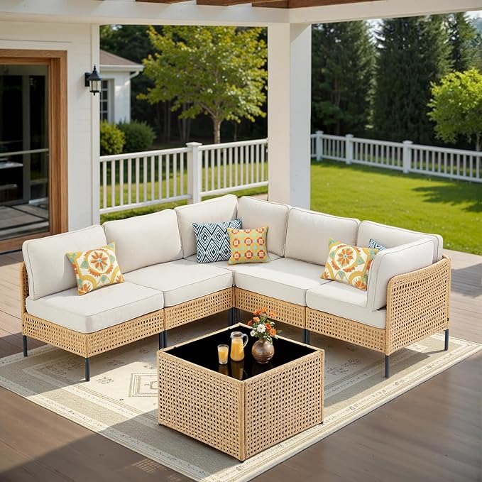 Belord Patio Sectional Furniture Set 6-Piece, Waterproof Outdoor Seating Furniture with Thick Cushions, Wicker Conversation Set for Garden, Poolside