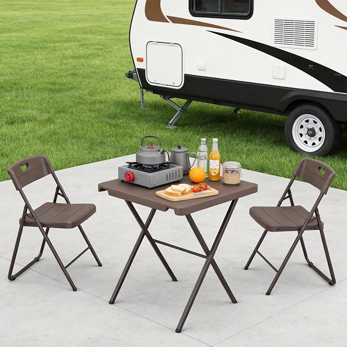 Folding Table, 27 Inch Square Folding Table, No Assembly Portable Camping Picnic Table, Heavy Duty Steel Frame Outdoor Coffee Table, Patio Card Table for Small Spaces, RV, Parties, 400 LBS Capacity