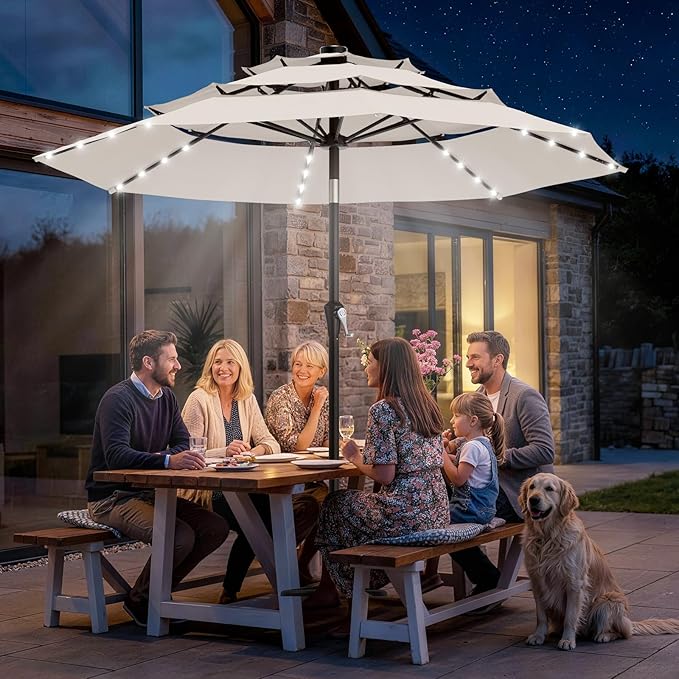 AreShark 9ft 3 Tiers Patio Umbrella with Solar Lights, Outdoor Umbrella w/ 32 LED Lights&8 Sturdy Ribs, Table Umbrella for Deck, Backyard, Pool (Ivory)