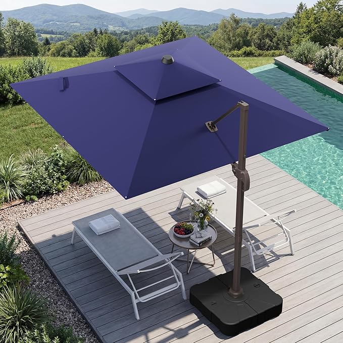 GENTEACO 10X10 FT Cantilever Umbrella with Base Included, Large Offset Patio Umbrella with Double Top, 6 Angle Tilts & 360° Rotation, Large Square Sun Umbrellas for Outdoor Pool Market, Navy Blue