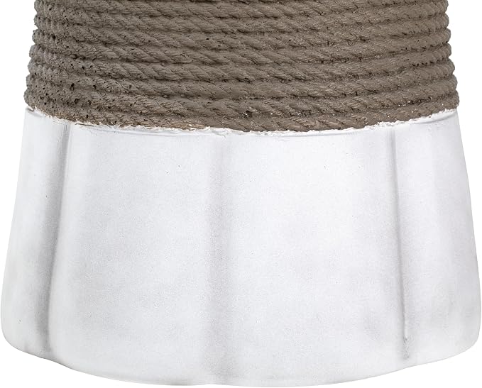 Round Outdoor Side Table MGO Concrete End Table with Brown Woven Rope Decor & Fan-Shaped Base, Fully Assembled Patio Accent Table for Balcony, Living Room, Garden, Light Gray