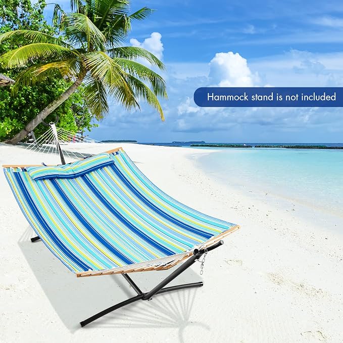 Goplus 10.5 FT Hammock, Quilted 2 Person Hammock w/Detachable Pillow, 330LBS Capacity, Curved Hardwood Spreader Bar,Quick Dry Fabric, Portable Paddled Hammock Swing for Patio Yard Porch Indoor Outdoor