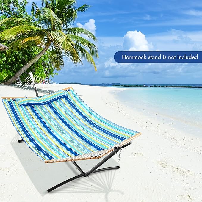 Goplus 10.5 FT Hammock, Quilted 2 Person Hammock w/Detachable Pillow, 330LBS Capacity, Curved Hardwood Spreader Bar,Quick Dry Fabric, Portable Paddled Hammock Swing for Patio Yard Porch Indoor Outdoor