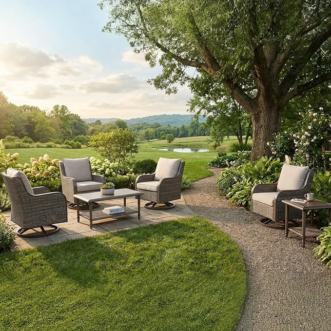 6-Piece Swivel Patio Furniture Set, 4 Outdoor Wicker Swivel Chairs with Coffee Table & Side Table, All-Weather Conversation Set for Porch Deck Backyard, Water-Resistant Cushions(6-PCS