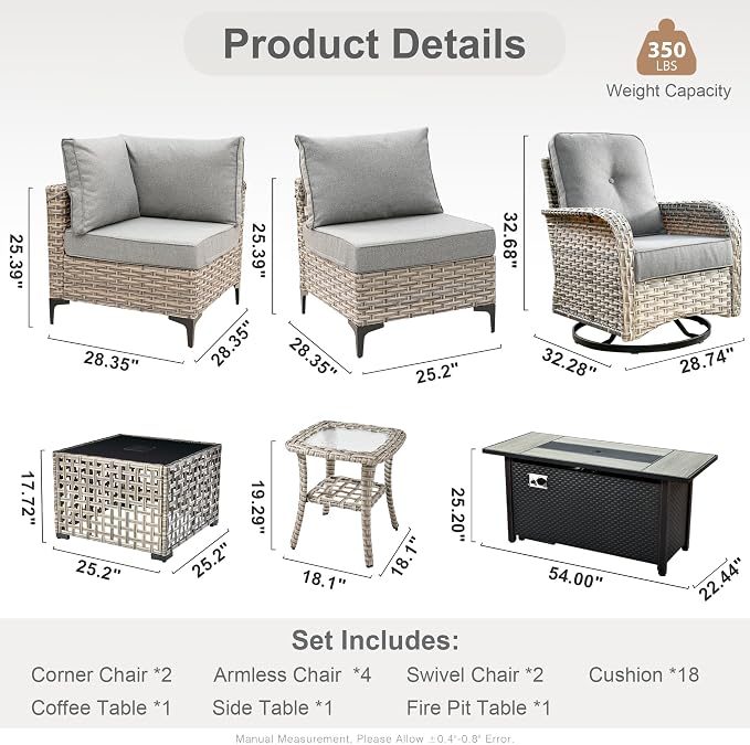 Outdoor Sectional Patio Furniture Set with Fire Pit Table,11 Pieces Rattan Wicker Conversation Sets L Shaped Couch,Out Door Furniture with Swivel Chairs Glowing Coffee Table,Dark Grey
