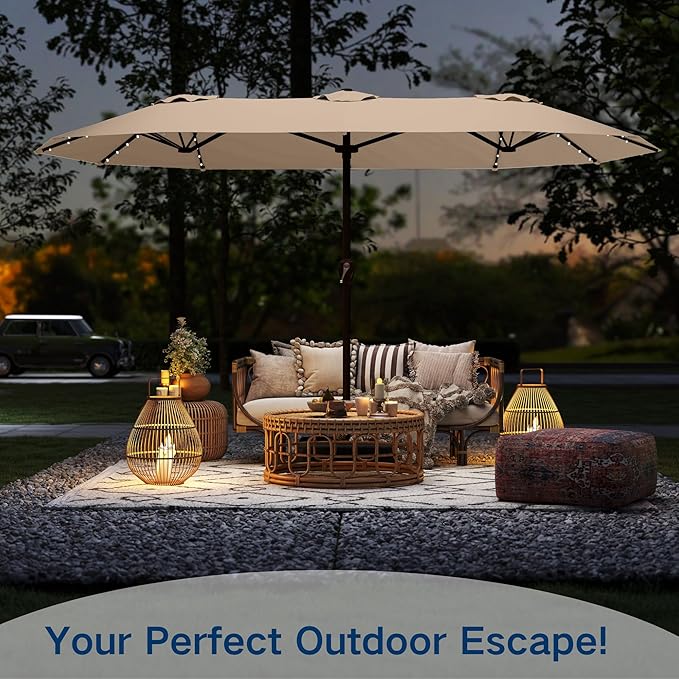 Large Patio Umbrella with Solar Lights and Base, Double-Sided Outdoor Rectangle Umbrella with 48 LED Lights, Market Table Umbrellas with UV Resistant Canopy