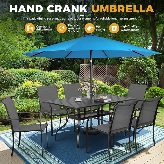 Incbruce 8 Pieces Patio Dining Set with Sky Blue Umbrella, Outdoor Dining Set of 6 Textilene Chairs and Rectangle Table with Umbrella Hole for Backyard, Garden, and Poolside (Grey)