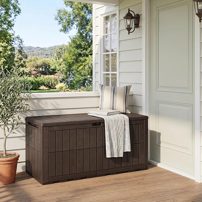 Tangkula 120 Gallon Outdoor Storage Box, Waterproof PP Resin Patio Storage Box with Lockable Lid for Indoor & Outdoor Use, 2-in-1 Rattan Design Deck Box for Cushions, Garden Tools