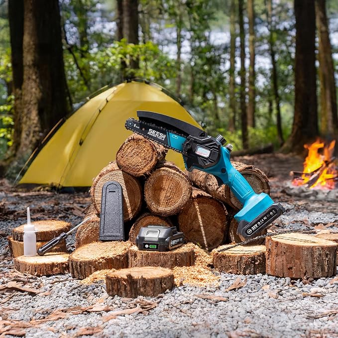SEESII Mini Chainsaw 6 inch,Cordless Chainsaw w/ 2x2000mAh Batteries,Oiler System & Replacement Chain,Handheld Electric Chain Saw w/Safety Lock,Battery Powered Chainsaw for Wood Tree Cutting, M6 Plus