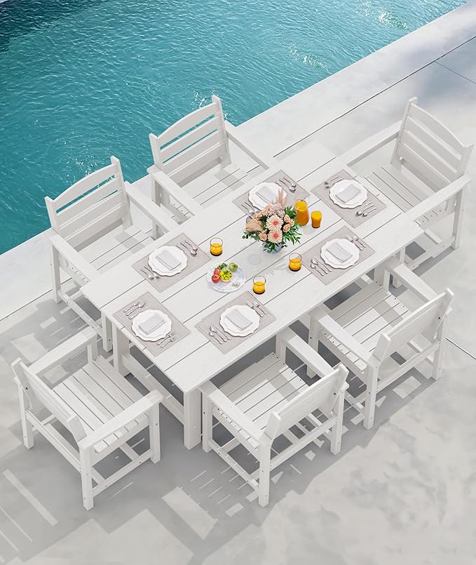 SERWALL 8-Piece Patio Dining Sets with 15FT Double Side Patio Umbrella, Outdoor HDPE Dining Furniture Set with Umbrella Hole Cut-Out Table and 6 Chairs, White(Umbreall Base not Included)