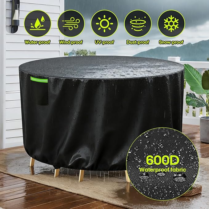 Round Patio Furniture Cover 62 Inch, 600D Oxford Waterproof Heavy Duty UV Resistant, Outdoor Dining Table and Chairs Seating Combo Cover, 62" Dia x 28" H, Black
