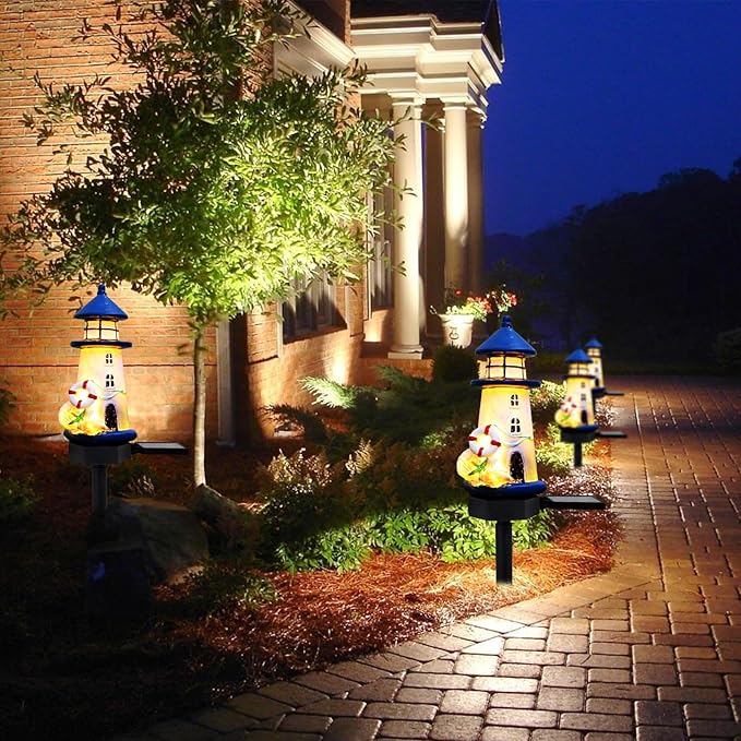 Lighthouse Solar Lights Outdoor, Lighthouse Decor Lighthouses Gifts Nautical Decor for Home, Waterproof Decorative Solar Powered Garden Stake Light for Outside Lawn Christmas Patio Yard (Blue)
