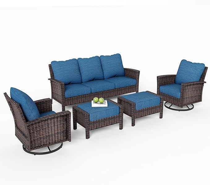 5-Piece Wicker Patio Furniture Set with Swivel Chairs, High Back Outdoor Furniture with 5.5-inch Thick Cushion and Ottoman, All-Weather Wicker Patio Conversation Set for Deck Lawn, Navy Blue