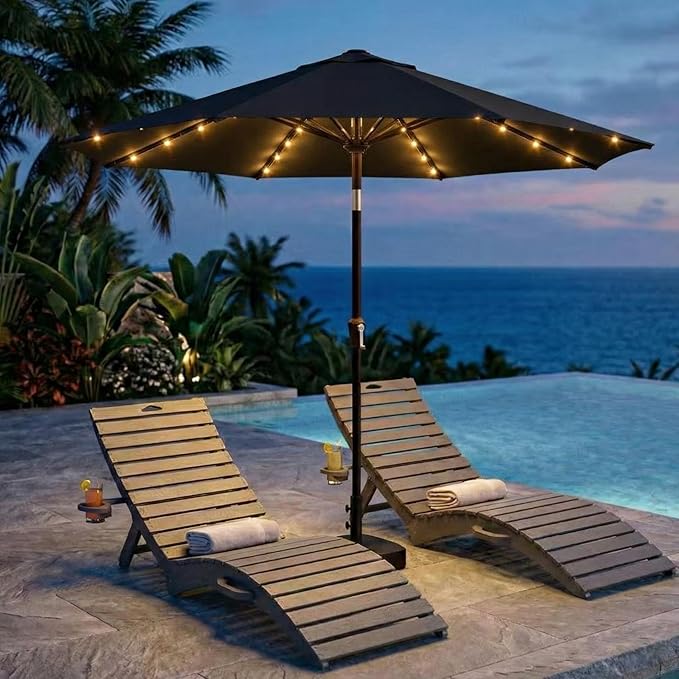 Kingdura 9FT Outdoor Patio Umbrella with Solar Lights, Market Table Umbrella with Push Button Tilt & Crank, 8 Sturdy Ribs, 32 LED Lights, UV Protection for Garden Lawn Deck Backyard Pool (Black)