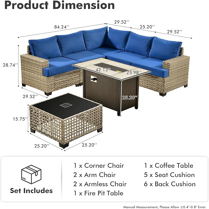 HOOOWOOO Sectional Patio Furniture Set with Fire Pit Table,7 Pieces Wicker Outdoor Furniture L Shaped Couch,Outside Conversation Set with Extra Deep Seat Sofa Wide Arm Solar Light Table,Navy Blue