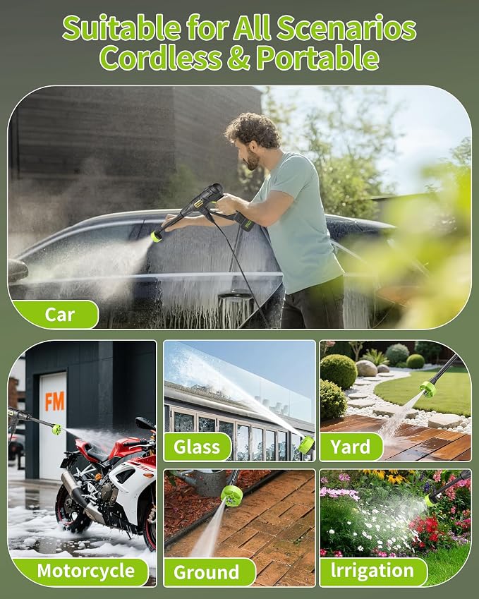Cordless Portable Washer, Handheld Washer, Battery Operated Washer for Car Home Outdoor Patio Garden, Lightweight Car Washer, Washer with Foam Pot, Cleaner with 23FT Elastic Hose (PowerGreen)