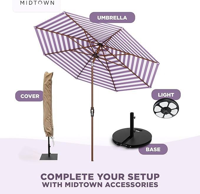 Midtown Umbrellas Wooden 2-8 Ft Patio Umbrella with 360° Swivel & Tilt Mechanism, 8 Fiberglass Ribs & Terylast Polyester Fabric for Deck, Pool, Garden & Porch - Midtown Stripes Canopy, Wooden Pole